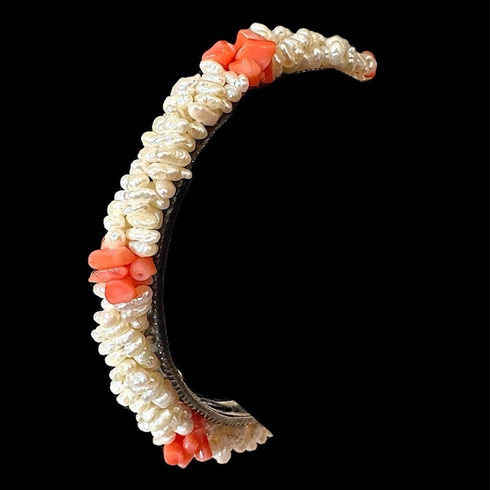 Antique Angel Skin Coral Freshwater Pearl Signed Estate Bracelet